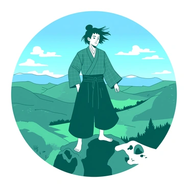 A teal figure of Tanjiro is standing proudly on a mountain peak, with his right foot slightly forward. He is wearing his distinctive outfit, which includes a dark green checkered haori and black pants. Behind him, the landscape features a vast view of rolling hills and distant mountains under a clear blue sky. The sunlight casts shadows across the rugged terrain, highlighting the texture of the rocks and greenery. Tanjiro's hair is caught in the wind, adding a dynamic element to the scene.
