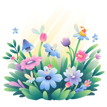 A vibrant garden is filled with various enchanted flowers in shades of blue, purple, and pink. Each flower is uniquely shaped, some resembling bells, others like stars, with shimmering petals that catch the light. Playful fairies with delicate wings in iridescent colors are flitting about the garden. They have small, sparkling bodies and are depicted in various poses, with some hovering above flowers while others are landing gently on the petals. Around the garden, lush green foliage provides a rich backdrop, and the sunlight filters through the leaves, creating a warm, inviting atmosphere.