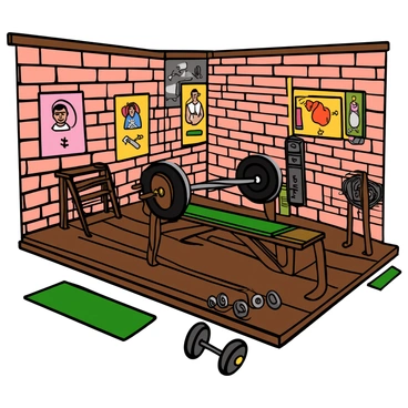 A retro gym scene featuring an old-school weightlifting setup. The gym has wooden floors and exposed brick walls, with vintage posters of athletes hanging on the walls. In the center, there is a classic weightlifting bench setup with a barbell loaded with weights. A set of dumbbells is placed nearby on a wooden rack. The atmosphere reflects a sense of nostalgia, with warm lighting illuminating the area. There are a few gym mats scattered around the floor, adding to the old-school charm of the gym.