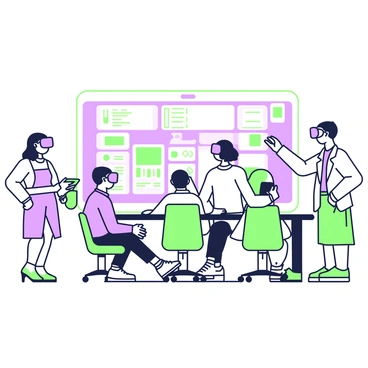 A modern tech room is filled with several stakeholders engaged in a training session. Each participant is wearing a virtual reality headset, immersing themselves in a digital environment. The room features large screens displaying interactive visuals and data relevant to the training. There are sleek tables and ergonomic chairs arranged neatly throughout the space. On one side of the room, a facilitator stands with a tablet, monitoring the session while providing guidance. Bright lighting illuminates the room, enhancing the focus on the participants as they interact with the virtual elements.