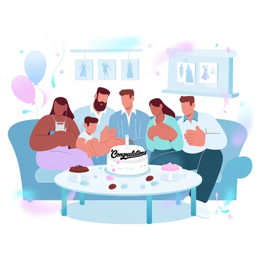 A family is gathered in a cozy living room, celebrating a member’s completion of a fashion illustration diploma. In the center of the room, a large table is filled with colorful snacks and a cake decorated with "Congratulations!" written in stylish letters. Balloons and streamers in vibrant colors hang from the ceiling, creating a festive atmosphere. On one side of the room, a display shows various fashion illustrations framed on the wall. Family members are dressed in casual yet elegant attire, with one person holding the diploma proudly. A warm sense of joy and togetherness permeates the scene.