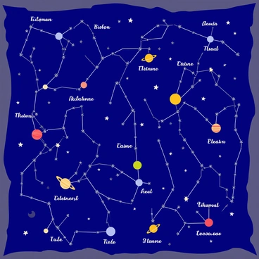 A celestial map featuring a deep blue background depicting the night sky. Various constellations are illustrated with bright white lines connecting stars, forming recognizable shapes. The map includes several colorful planets, such as a red Mars, a yellow Saturn with rings, and a blue Neptune, scattered throughout the sky. Labels with the names of constellations and planets are written in elegant script. The overall composition resembles an ancient navigation chart, rich in detail and astronomical features.