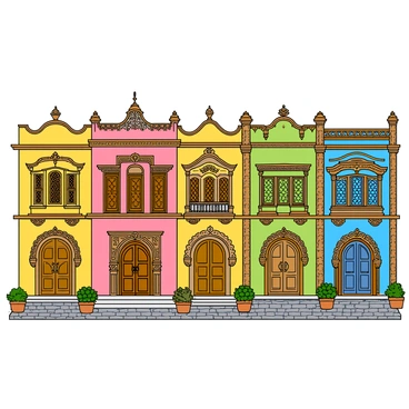 A row of ornate havelis featuring vibrant colors and intricate carvings. Each haveli has a distinct facade with detailed woodwork and decorative patterns, showcasing a mix of bright yellows, pinks, blues, and greens. The windows are adorned with latticework, and the doors are large and elaborately designed. Small balconies project from the upper floors, providing a glimpse of the craftsmanship. The ground is paved with cobblestones, and there are potted plants in front of each haveli, adding to the lively atmosphere. The sky above is clear and bright, enhancing the colors of the havelis.