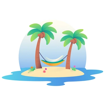 A small tropical island is depicted in the center of the image, surrounded by clear blue water. The island has several tall palm trees with green fronds swaying gently. A comfortable hammock is strung between two of the palm trees, gently swaying in the breeze. The ground is sandy and dotted with small patches of grass and colorful flowers. In the background, the horizon meets the sky, creating a seamless blend of vibrant blues. The overall composition captures the tranquility of a secluded paradise.
