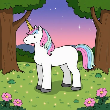 A magical glade filled with lush green grass and a variety of colorful flowers. In the center stands a majestic unicorn with a shiny white coat and a spiraled golden horn. Its mane is long and flowing, with shades of pastel colors blending together. Surrounding the unicorn are numerous small, glowing fireflies, creating a twinkling effect in the soft twilight. The sky above is painted in shades of purple and blue as the sun sets, with a few stars beginning to twinkle. The trees around the glade are tall and have thick trunks, with their leaves softly rustling in the gentle breeze. The atmosphere is lively and the scene is rich with warmth and whimsy.