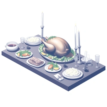 A sumptuous Christmas feast laid out on a dining table with a roasted turkey