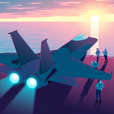 An F35 jet with sleek, angular lines is positioned on the deck of an aircraft carrier, its engines emitting a blue glow as it prepares for launch. The aircraft has a dark camouflage paint scheme, with sharp accents that highlight its advanced design. In the background, the vast ocean reflects the warm hues of the sunrise, with shades of orange, pink, and golden light spilling across the water's surface. The sky is a gradient of colors, transitioning from dark blue to bright yellow as the sun begins to rise. The aircraft carrier is bustling with crew members in uniforms, some in the foreground signaling the pilot for takeoff, while others are positioned near the jet, overseeing the launch procedure. The scene captures the tension and excitement of a military operation at dawn.