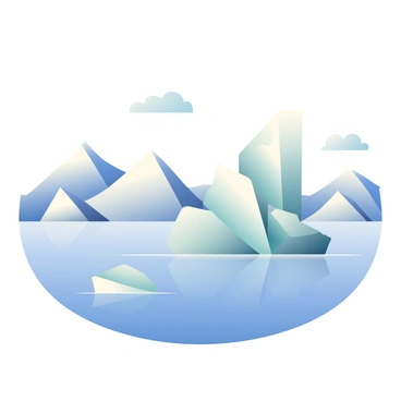 A polar landscape features large icebergs floating steadily in a calm, blue sea. The icebergs are various shades of white and light blue, with some jagged edges reflecting the sunlight. The sea is smooth and glassy, mirroring the clear sky above. In the distance, snowy mountains rise majestically, their peaks dusted with frost. A few soft clouds float lazily across the sky, subtly enhancing the tranquil atmosphere of this icy scene.