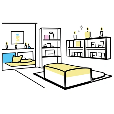 A boutique interior featuring elegant wooden shelves displaying various products. The space is softly illuminated by several candles placed strategically throughout, casting gentle light and creating a warm ambiance. The floor is polished wood, reflecting the flickering candlelight. There are plush seating areas with cushions, inviting customers to relax. The walls are adorned with tasteful artwork, enhancing the overall aesthetic of the boutique.