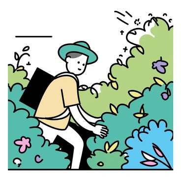 An explorer wearing a green hat and a khaki shirt is gently pushing through tall, dense bushes in a lush jungle. Sunlight filters through the canopy above, casting dappled shadows on the ground. The explorer has a focused expression as he navigates the thick foliage, with leaves and vines brushing against his arms. Various shades of green fill the scene, with hints of colorful flowers peeking through the greenery. A small backpack is slung over his shoulder, contributing to the adventurous atmosphere.