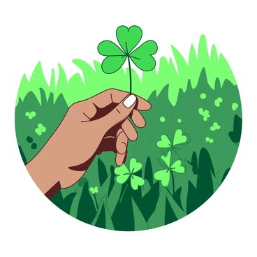 A close-up of a hand with light brown skin gently holding a vibrant four-leaf clover. The fingers are elegantly curved around the clover, showing details like the texture of the skin and the gentle pressure on the clover's stem. In the background, a lush green field is filled with various shades of green grass and other small plants, softly blurring to emphasize the hand and clover in the foreground. The clover itself is vivid and lush, standing out against the rich greenery surrounding it.