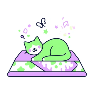 A cat is sleeping peacefully on a quilt featuring various patterns. The quilt has a collection of shapes in multiple colors. The cat has soft fur and is curled up, with its paws tucked beneath its body. Above the cat, small outlines of butterflies are visible, representing its dream of chasing them. The butterflies have delicate wings and are scattered around the cat, suggesting a whimsical scene. The setting is cozy, with the quilt providing a warm and inviting background.