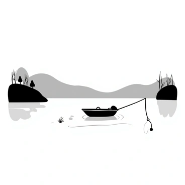 A lone fishing boat floating gently on a calm lake, surrounded by mist rising from the water's surface. The boat is small, with fishing gear resting inside, and there are ripples emanating from its position. Smooth hills outline the horizon, and delicate trees are reflected on the lake's surface. The early dawn light casts soft shadows, creating a tranquil atmosphere.