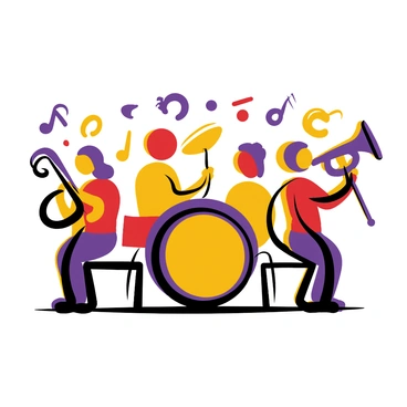 A group of musicians playing various instruments such as a violin, trumpet, and drums, surrounded by vibrant swirling patterns.