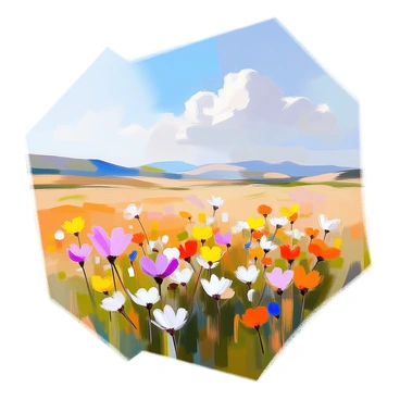 A vast field filled with vibrant wildflowers in various colors, including yellow, purple, red, and blue. The flowers are in full bloom, creating a patchwork of hues across the landscape. A gentle breeze is causing the flowers to sway and dance slightly, adding movement to the scene. In the background, a clear blue sky stretches above, with a few fluffy white clouds drifting peacefully. The field extends towards the horizon, where it meets a distant line of rolling hills.