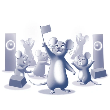 A small mouse is standing on its hind legs in a lively concert setting. The mouse has large ears and bright eyes, and it is waving a tiny flag enthusiastically. Surrounding the mouse are several other mice, all engaged in the performance, some clapping their paws, while others are dancing. The scene captures a sense of excitement and joy among the group of mice, as they enjoy the music. The environment has a stage and speakers, with subtle details suggesting a vibrant atmosphere of a concert.