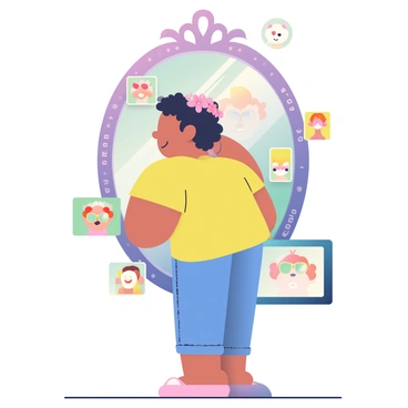 A person with short, curly hair is standing in front of a large, ornate mirror, trying on various virtual filters. The person is wearing a bright yellow T-shirt and blue jeans. The mirror reflects their image, showcasing an array of colorful filters such as a floral crown, oversized sunglasses, and a playful animal ears design. Around the base of the mirror, there are multiple small screens displaying the different filter options. The room is filled with soft, ambient lighting, enhancing the whimsical feel of the scene.