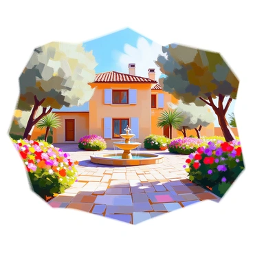 A traditional Mallorcan villa featuring sturdy stone walls with a warm, earthy hue. The villa has a red-tiled roof and wooden shutters, adding to its rustic charm. Surrounding the villa is a beautiful garden filled with vibrant flowers in various colors, including red geraniums and purple bougainvillea. Olive trees and palm trees are scattered throughout the garden, providing shade. A cobblestone pathway leads from the villa to a small fountain at the center of the garden, where water gently trickles, creating a serene atmosphere. The scene is bright, illuminated by soft sunlight.