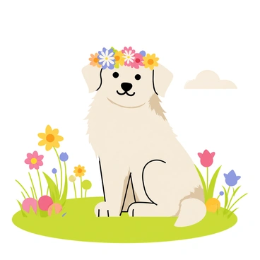 A dog with a fluffy coat sitting in a green meadow. The dog is wearing a crown made of colorful flowers including daisies, roses, and sunflowers. Around the dog, there are patches of blooming wildflowers in various shades, adding to the vibrant scene. The sky is clear with a few fluffy clouds drifting by, and a gentle breeze is visible as the grass sways lightly.