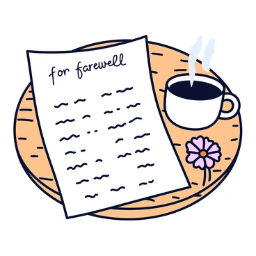 A handwritten farewell letter placed on a wooden table with visible grain patterns. The letter features neat, cursive writing and is slightly crumpled at the edges. Beside the letter is a simple white coffee cup, with steam gently rising from it. A single, delicate flower in a muted color is lying next to the cup, adding a touch of nature to the scene. The overall composition creates a sense of departure and reflection.