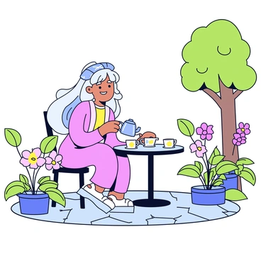 Ahri is sitting at a small round table in a traditional garden. She has long, flowing hair that is a mix of blue and white. The table is set with a delicate teapot and two matching teacups, all decorated with floral patterns. Surrounding the table are several vibrant green plants and colorful flowers in bloom. Ahri is wearing a simple yet elegant dress with soft colors. She is smiling as she pours tea into one of the cups. A gentle breeze rustles the leaves of nearby trees, and a stone path leads through the garden.