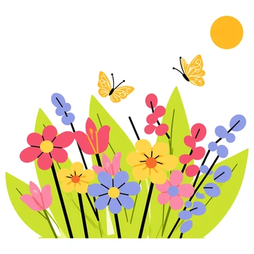 A vibrant garden filled with various types of flowers in full bloom, displaying a spectrum of colors including red, yellow, pink, and blue. Butterflies with intricate wing patterns flutter gracefully above the flowers, adding movement to the scene. Lush green leaves surround the flowers, creating a rich backdrop. The sun shines brightly, casting a warm light over the entire garden, enhancing the colors of the blooms and the butterflies.