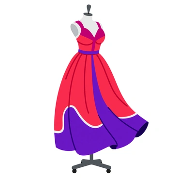 A dress made of vibrant muscle patterns, featuring detailed anatomical designs in shades of red, purple, and blue. The fabric flows gracefully around the contours of the mannequin, showcasing a full skirt that cascades to the floor. The bodice is fitted, emphasizing the curves of the mannequin. Additionally, the dress has intricate stitching that mimics the appearance of muscle fibers. The mannequin is displayed on a sleek pedestal against a simple backdrop, allowing the dress to be the focal point.