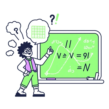 A comic strip character stands at a chalkboard, energetically writing out a quadratic equation. The character has wild, expressive hair and large eyes filled with determination. They are wearing a colorful outfit with a patterned vest and oversized glasses. One hand is raised in an exaggerated gesture while the other hand points to the equation on the board. 

The chalkboard features a detailed quadratic equation with neatly drawn parabolas and labeled axes. Around the character, various mathematical symbols and exclamation marks float in the air, emphasizing their dramatic flair. A thought bubble is present, showing the character visualizing the solution with numbers and graphs.