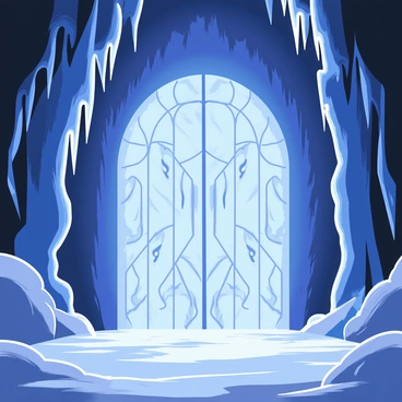 An icy cavern with walls adorned in glistening blue ice crystals that reflect light. In the center of the cavern stands a frost-covered gate, intricate in design, with swirling patterns formed by the ice. The gate emits an eerie blue light, casting a soft glow across the cavern, illuminating the jagged icicles hanging from the ceiling. Shadows dance across the icy floor, enhancing the mysterious atmosphere of the scene.