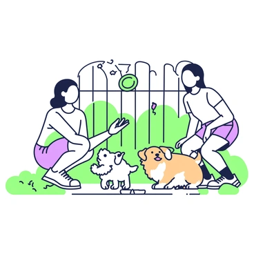 A young woman named Sarah is in a backyard, playing with her two fluffy dogs. She is wearing a casual outfit consisting of a t-shirt and shorts, with sneakers. One dog is a small, fluffy white dog, while the other is a larger, fluffy brown dog. Sarah is crouched down, holding a green frisbee in her right hand, while the white dog is jumping excitedly in the air to catch it. The brown dog is sitting nearby, wagging its tail. Surrounding them are patches of grass and a wooden fence in the background. There are a few colorful toys scattered on the ground.