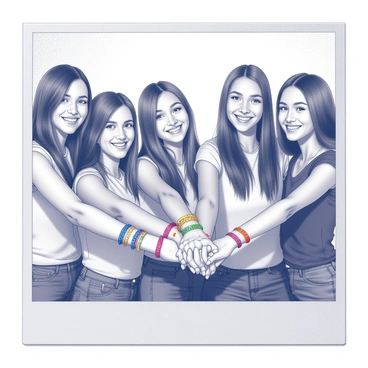 A polaroid photo capturing a group of four friends standing closely together. They are each holding hands, showcasing their unique friendship bracelets. The friends are smiling, and the focus is on their hands, emphasizing the colorful bracelets that adorn their wrists. The background is slightly blurred to keep attention on the friends and their bracelets.
