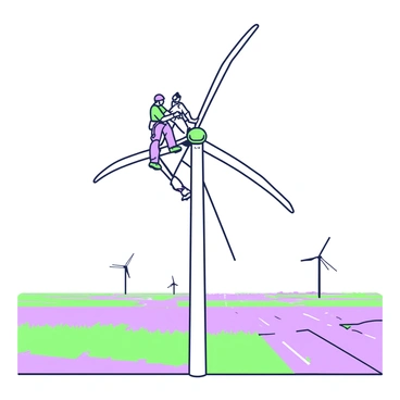 Two technicians are positioned on top of a tall wind turbine, inspecting its blades. They are wearing safety harnesses and helmets. The wind turbine stands high against a clear sky, with the rotor blades extended. Below, vast fields stretch out in different shades and patterns, with rows of crops visible. In the distance, a few other wind turbines can be seen scattered across the landscape. The technicians are focused on their work, ensuring the turbine operates efficiently.