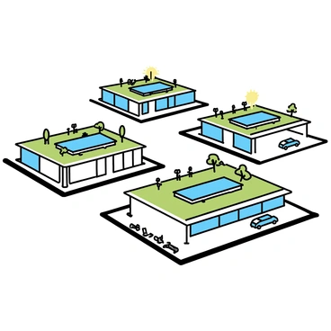 A futuristic airport featuring multiple terminals with sleek designs. Each terminal has a green roof, covered with a variety of plants and small trees. Solar panels are installed on the roofs, reflecting sunlight. The airport has wide pathways connecting the terminals, with modern benches placed along the sides. There are large glass windows offering views of the surroundings and allowing natural light to flood the interior spaces. A few electric vehicles are parked in designated areas.