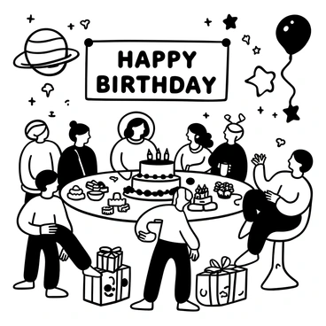 A group of aliens with unique shapes and patterns, some with antennas and others with multiple arms, are gathered around a large round table covered in colorful party treats. Astronauts in white space suits are mingling with the aliens, holding drinks and laughing. A banner hangs above them with the words "Happy Birthday" prominently displayed. In the background, a large planet with rings and shining stars is visible, along with floating balloons shaped like stars. Some aliens are busy unwrapping gifts that are brightly wrapped with ribbons.