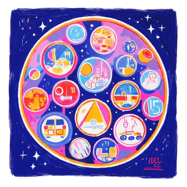 A collection of embroidered patches displayed in a circular arrangement. Each patch features a different design representing various Apollo missions. The patches include intricate details such as "Apollo 11" with an image of the lunar module, "Apollo 13" showing the mission's iconic mission logo, and "Apollo 15" with a rendering of the lunar rover. The colors of the patches are vibrant, showcasing reds, blues, yellows, and whites. The background is a dark surface that contrasts with the colorful patches, making them stand out prominently.