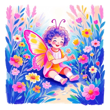A baby girl with curly hair is dressed in a colorful butterfly costume, complete with vibrant wings. She is sitting in a lush flower garden filled with various blossoms in shades of pink, yellow, and purple. The girl is reaching out to touch a delicate flower, her expression filled with joy. Surrounding her are green leaves and more flowers, creating a lively and cheerful atmosphere. Sunlight filters through the leaves, casting playful shadows on the ground.