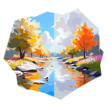 A split illustration depicting a delta through the four seasons: In the summer section, lush green trees with thick foliage surround a vibrant river, reflecting the bright blue sky. The warm sunlight casts playful shadows on the water, and colorful wildflowers bloom along the banks. The autumn section features trees adorned with orange, red, and yellow leaves gracefully falling to the ground, while a calm river carries a few scattered leaves on its surface. In the winter part, the delta is blanketed in white snow, with bare branches and shimmering icicles. The frozen river showcases a serene stillness, and soft grey clouds drift overhead. Finally, the spring section bursts with life, as trees begin to blossom with pink and white flowers, and the river flows energetically, surrounded by fresh green grass and lively birds returning to the area. Each section seamlessly transitions into the next, capturing the essence of the changing seasons.
