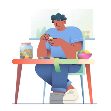 A person with light brown skin and short black hair is sitting at a wooden kitchen table, counting coins from a glass jar. The jar is filled with shiny, assorted coins reflecting light. The person is wearing a blue t-shirt and denim jeans, and their hands are carefully sorting the coins into piles. There is a small, colorful tablecloth underneath the jar, and a bowl of fresh fruit is placed to the side on the table. A window in the background allows soft, natural light to illuminate the scene, casting gentle shadows on the table.