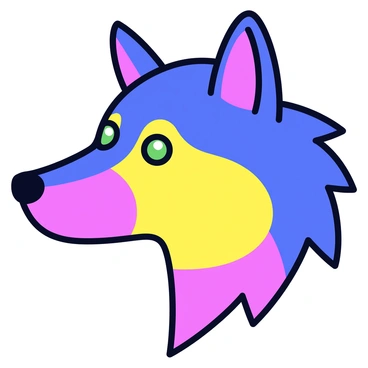 A wolf head with exaggerated features and vibrant colors. The wolf's fur is primarily shaded in bright hues of blue, pink, and yellow. Bold black outlines define the shape of the head, including the ears and snout. The eyes are large and expressive, colored in a contrasting shade of green. The background is a solid color that enhances the brightness of the wolf head.