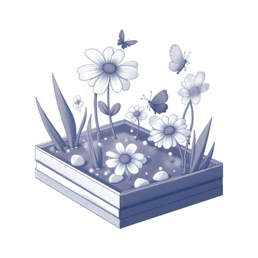 A matchbox featuring a whimsical garden scene. The box displays an array of flowers with distinct shapes and sizes, blooming with intricate details. Various insects, such as butterflies and beetles, are depicted resting or flying among the flowers, showcasing their unique features. The garden is filled with elements like tall blades of grass and small rocks, adding depth to the scene. The overall composition creates a vibrant and playful atmosphere within the confines of the matchbox design.