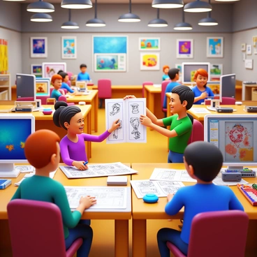 A group of animators in a busy animation studio exchanging storyboard panels. The studio features large desks cluttered with sketches and art supplies. Bright lights illuminate the room filled with colorful artwork displayed on the walls. One animator is handing over a storyboard panel to another, who is eagerly examining it. Various characters from different animations are visible on the panels they are discussing. Other animators can be seen working intently at their desks, with computer screens showing animation software. The atmosphere is lively, with a sense of collaboration and creativity.
