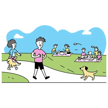 A wide urban park with neatly trimmed grass and a clear blue sky overhead. In the foreground, a man in a red t-shirt and black shorts is jogging along a winding path. Nearby, a woman is walking a golden retriever with a red leash, displaying a joyful expression. In the background, a group of four people is sitting on a checkered picnic blanket, surrounded by various picnic items including a basket and drinks. Two children are playing frisbee close by, adding to the lively atmosphere of the park.