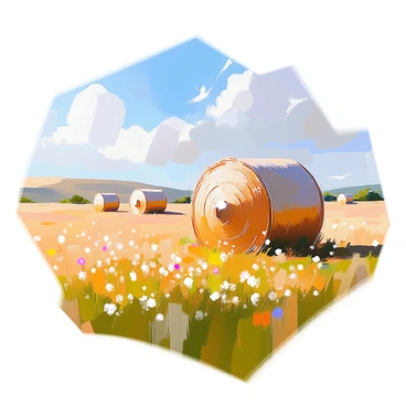 A vast, open field stretches out under a clear blue sky, dotted with large round hay bales. The hay bales are various shades of golden yellow and light brown, some with faint green grass mixed in. The field is lush and green, with patches of wildflowers adding bursts of color to the landscape. The sunlight casts soft shadows from the bales onto the ground, creating a textured pattern on the grass. In the distance, gentle rolling hills can be seen, enhancing the depth of the scene.