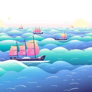 A vast digital ocean stretches across the scene, with shimmering blue water and intricate patterns that give the appearance of waves generated by artificial intelligence. Each wave features a colorful gradient, transitioning from deep blue to bright cyan. In the foreground, several futuristic ships glide across the surface of the water, each designed with sleek lines and vibrant colors. The ships have large sails that mimic digital circuitry patterns, reflecting light from the ocean. The horizon showcases a soft gradient of colors as the sky transitions from day to night, adding depth to the digital landscape.