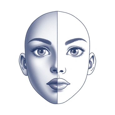 A face is divided vertically down the middle. The left half is rendered in realistic detail, showcasing fine features such as textured skin, expressive eyes, and subtle shading that highlights the contours of the jaw and cheeks. The right half contrasts sharply, illustrated as a simplistic line drawing with minimal detail. Basic outlines depict the shape of the face, eyes, and mouth without depth or texture, emphasizing the stark difference in styles. The overall composition draws attention to the juxtaposition of complexity and simplicity within a single face.
