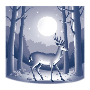 A roe deer is walking gracefully through a forest, illuminated by moonlight. The deer has a sleek, slender body and delicate legs. Its ears are perked up, alert to the sounds around it. The trees rise tall around the deer, their branches silhouetted against the night sky. The forest floor is covered with leaves and soft underbrush. Above, stars twinkle brightly, adding a sense of depth to the scene. Moonlight filters through the trees, casting soft shadows in the woodland.