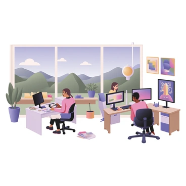A digital flat illustration depicting a modern digital art studio in New Zealand. The studio has large windows showing a scenic view of green hills and blue skies outside. Inside, there are multiple artists working at their desks. One artist on the left has light skin and is using a tablet, surrounded by colorful sketches. Another artist on the right has dark skin and is focused on a large monitor displaying vibrant digital artwork. The studio features sleek furniture, with a mix of white and wooden elements. Brightly colored artwork hangs on the walls, and there are art supplies neatly arranged on shelves. A potted plant sits in the corner, adding a touch of nature to the creative environment.