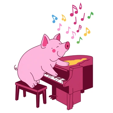 A pink pig is sitting on a wooden piano bench, its hooves resting on the piano keys as it plays a cheerful melody. The piano is polished and reflects light, showcasing its rich texture. Above the pig, colorful music notes are dancing in the air, floating joyfully around the scene. The background is a soft gradient of two contrasting colors that complement the lively atmosphere created by the pig and the music notes.