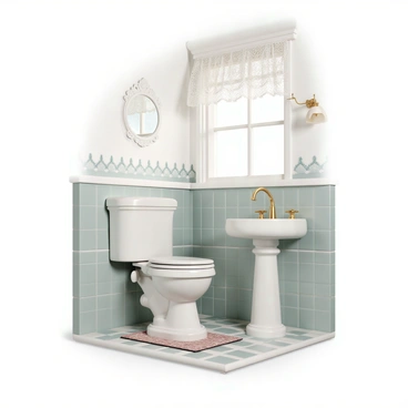 An antique potty, intricately designed with floral patterns, is positioned in a corner of an old-fashioned bathroom. The potty features a glossy finish and sits atop a small, ornate rug. Surrounding it are vintage tiles in muted pastel colors, arranged in a traditional mosaic pattern. The walls are adorned with outdated wallpaper, featuring delicate motifs, and there is a vintage mirror with an ornate frame hanging nearby. A brass faucet on a pedestal sink adds to the charm, while soft light filters through a lace curtain at the window, illuminating the entire scene.