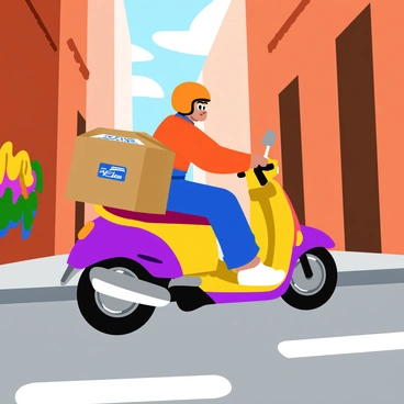 A courier riding a sleek motorcycle through a narrow alleyway. The motorcycle is shiny with vibrant colors and has a distinctive design. The courier is wearing a bright helmet and a colorful jacket, gripping the handlebars firmly. A large, bulging delivery bag is slung over the back of the motorcycle, showcasing its contents with various logos. The alleyway is lined with brick walls, adorned with colorful graffiti. Light filters down from above, casting interesting shadows on the pavement.